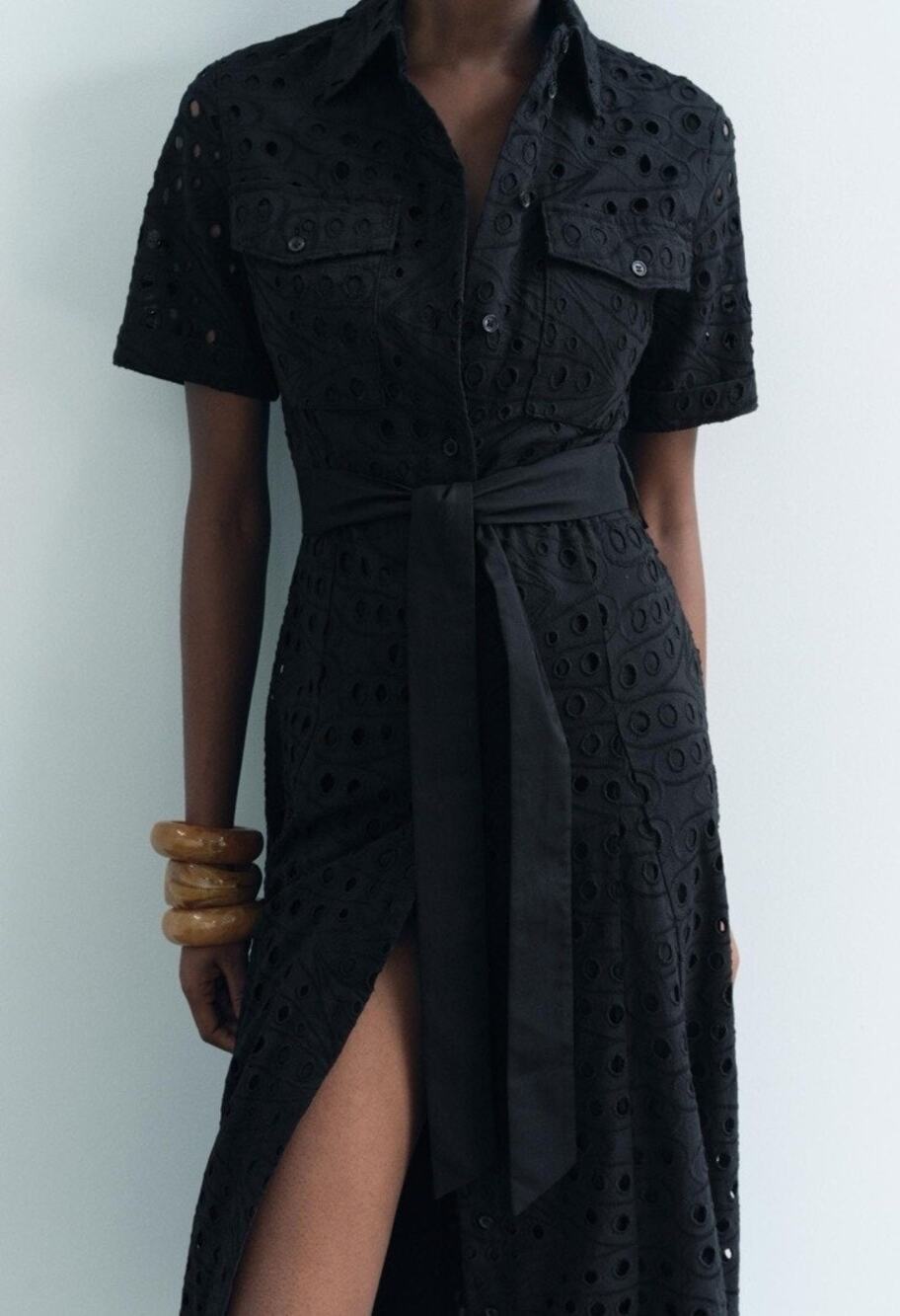 Preppy Boho Chic Eyelit Embroidered Cotton Button Down Shirt Belted Midi Dress